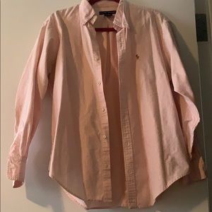 Pink and white striped polo